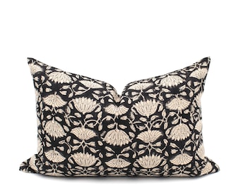 Vintage Inspired Floral Black Block Print Lumbar Linen Pillow Cover Dark Trendy Flower Pattern Accent Toss Cushion Warm Black Throw Pillow