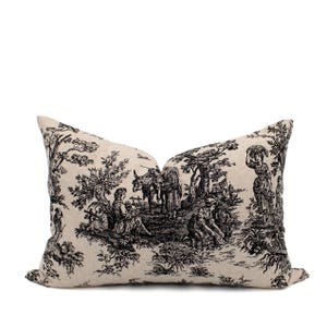 Black Victorian Toile Pattern Vintage Inspired Lumbar Pillow Designer Toss Cushion Cream Cafe Entryway Decor French Country Pillow Colonial