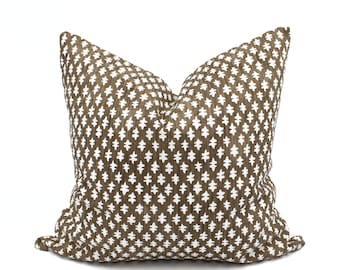 Brown Patterned Block Print Throw Pillow Cover Natural Cotton Neutral Decor