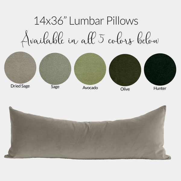 Green Lumbar Pillow Covers 14x36 Combo with Insert Choose From 5 Shades of Green Body Pillow Case Velvet Throw Cushion Cases