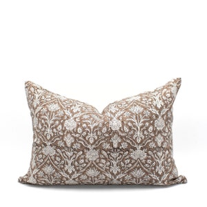 Blockprint Lumbar Pillow Light Brown Flower Vine Lumbar Pillow Cover Hand Block Print Cushion Tan Botanical Pillow Cover Floral Print Decor