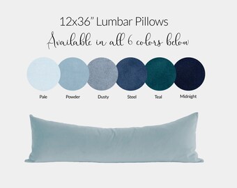 Blue Lumbar Pillow Covers, 12x36" Combo with Insert,  Choose From 6 Shades of Blue, Body Pillow Case, Velvet Throw Cushion Cases