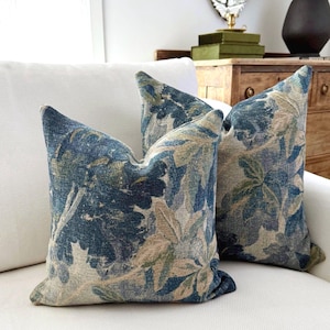 Blue Green Throw Pillow Dark Verdure Distressed Foliage Cushion Leaf Print Outdoorsy Home Accent Gift for Gardener Botanical Couch Cushion