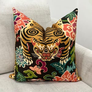 Tiger Throw Pillow Chinoiserie Black and Orange Floral Cushion Oriental Animal Pillow Cover Vibrant Colorful Asian Sofa Decor Luxury Gift