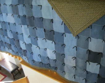 68x68 Large Handmade Denim and Cotton Floral Quilt with metallic accents