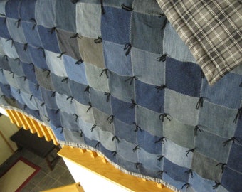 New Handmade Tied Queen Denim Jean Burgundy Maroon COTTON Back Quilt Blanket
