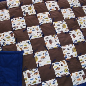 New Handmade Tied Oversized Throw Lap Camping Cabin Owl Bear Brown Blue FLANNEL Quilt Blanket