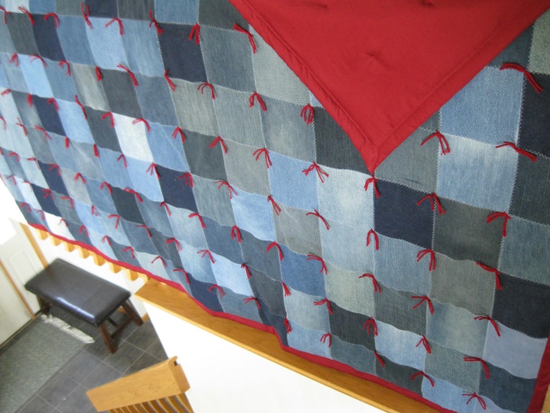 New Handmade Tied Queen Denim Jean Burgundy Maroon COTTON Back Quilt Blanket