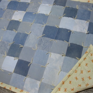 New Handmade Tied Oversized Denim Jean Throw Lap Cream Tan Pink Butterfly FLANNEL Quilt Blanket