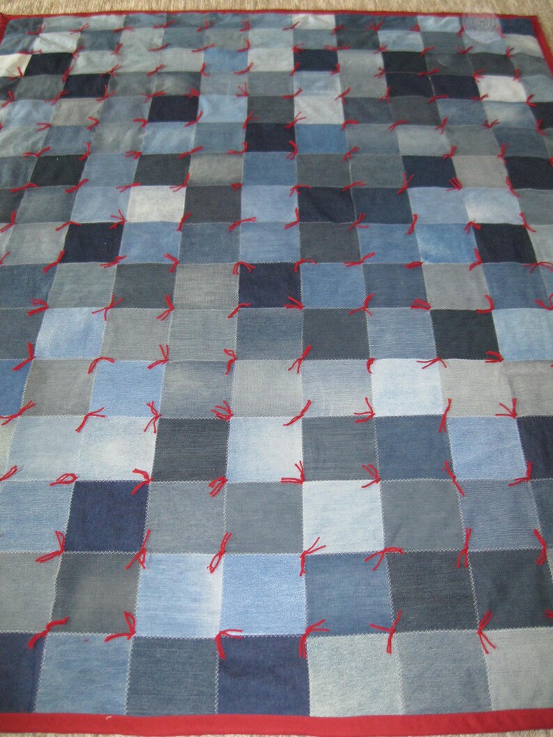 New Handmade Tied Queen Denim Jean Burgundy Maroon COTTON Back Quilt Blanket