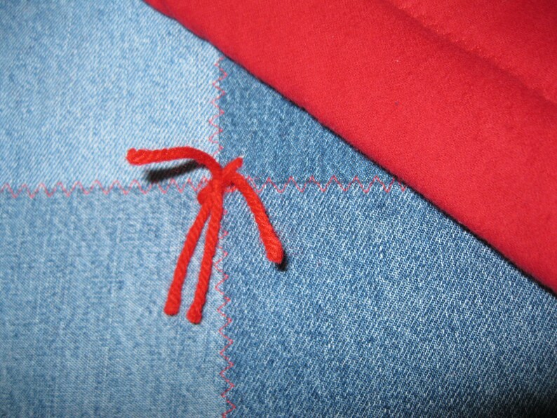 New Handmade Tied Twin Denim Jean Red FLANNEL Back Quilt Blanket