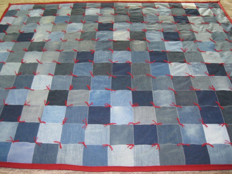 New Handmade Tied Queen Denim Jean Burgundy Maroon COTTON Back Quilt Blanket