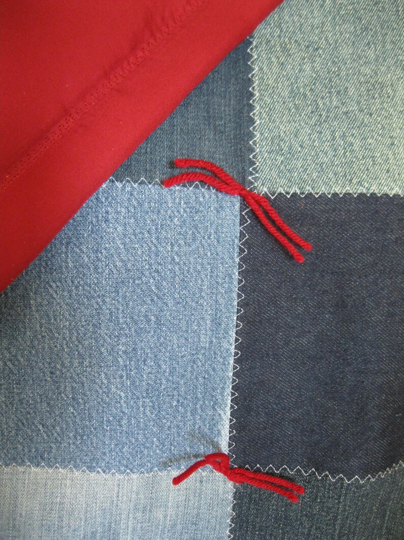 New Handmade Tied Queen Denim Jean Burgundy Maroon COTTON Back Quilt Blanket