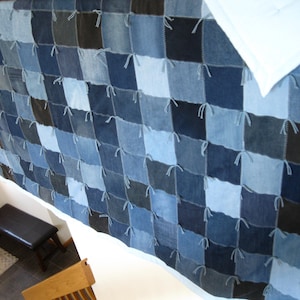 New Handmade Tied Full Double Denim Jean Patchwork Blue FLANNEL Quilt Blanket