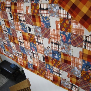 New Handmade Tied Full Double Multiple Caramel Tan Patchwork Farm Rooster Chicken Cow Plaid FLANNEL Quilt Blanket