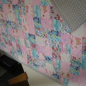 New Handmade Tied Queen Patchwork Pink Grey Turquoise Rainbow Heart Flower Butterfly FLANNEL Quilt Blanket