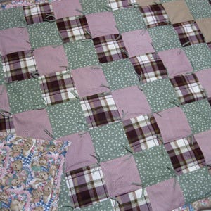 New Handmade Tied Oversized Throw Lap Olive Green Plum Rose Pink Teddybear Bunny Rabbit FLANNEL Quilt Blanket