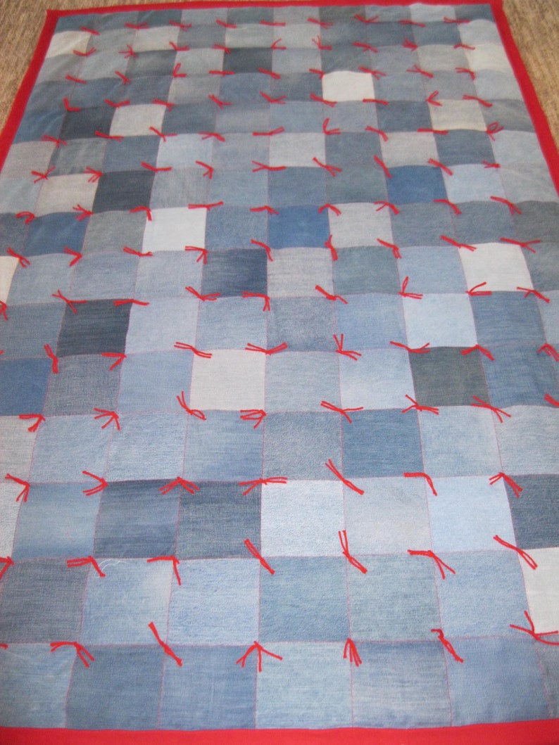 New Handmade Tied Twin Denim Jean Red FLANNEL Back Quilt Blanket
