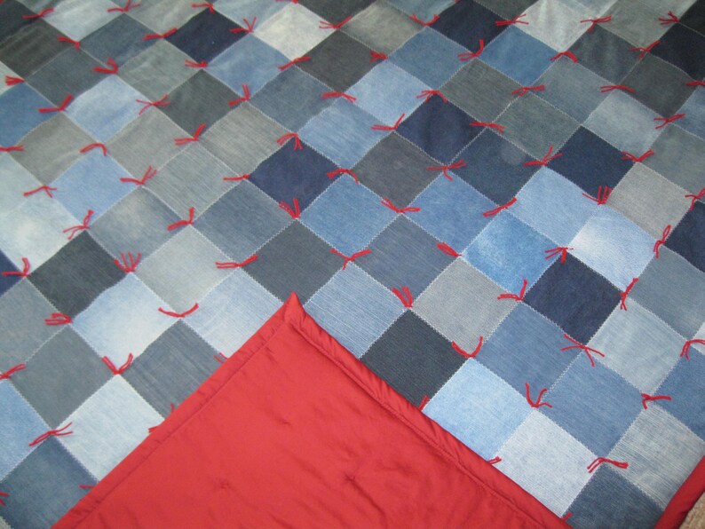 New Handmade Tied Queen Denim Jean Burgundy Maroon COTTON Back Quilt Blanket