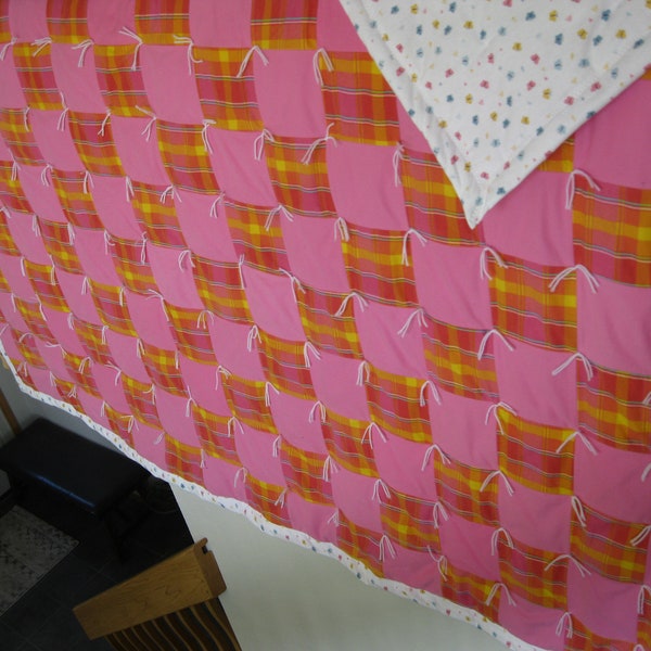 New Handmade Tied Queen Pink Yellow Blue Plaid Heart Butterfly Pink FLANNEL Quilt Blanket