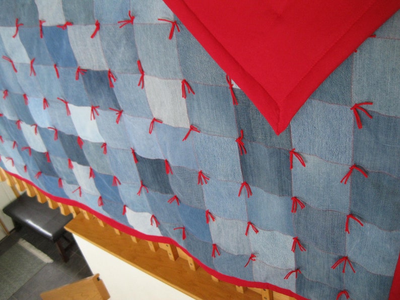 New Handmade Tied Twin Denim Jean Red FLANNEL Back Quilt Blanket