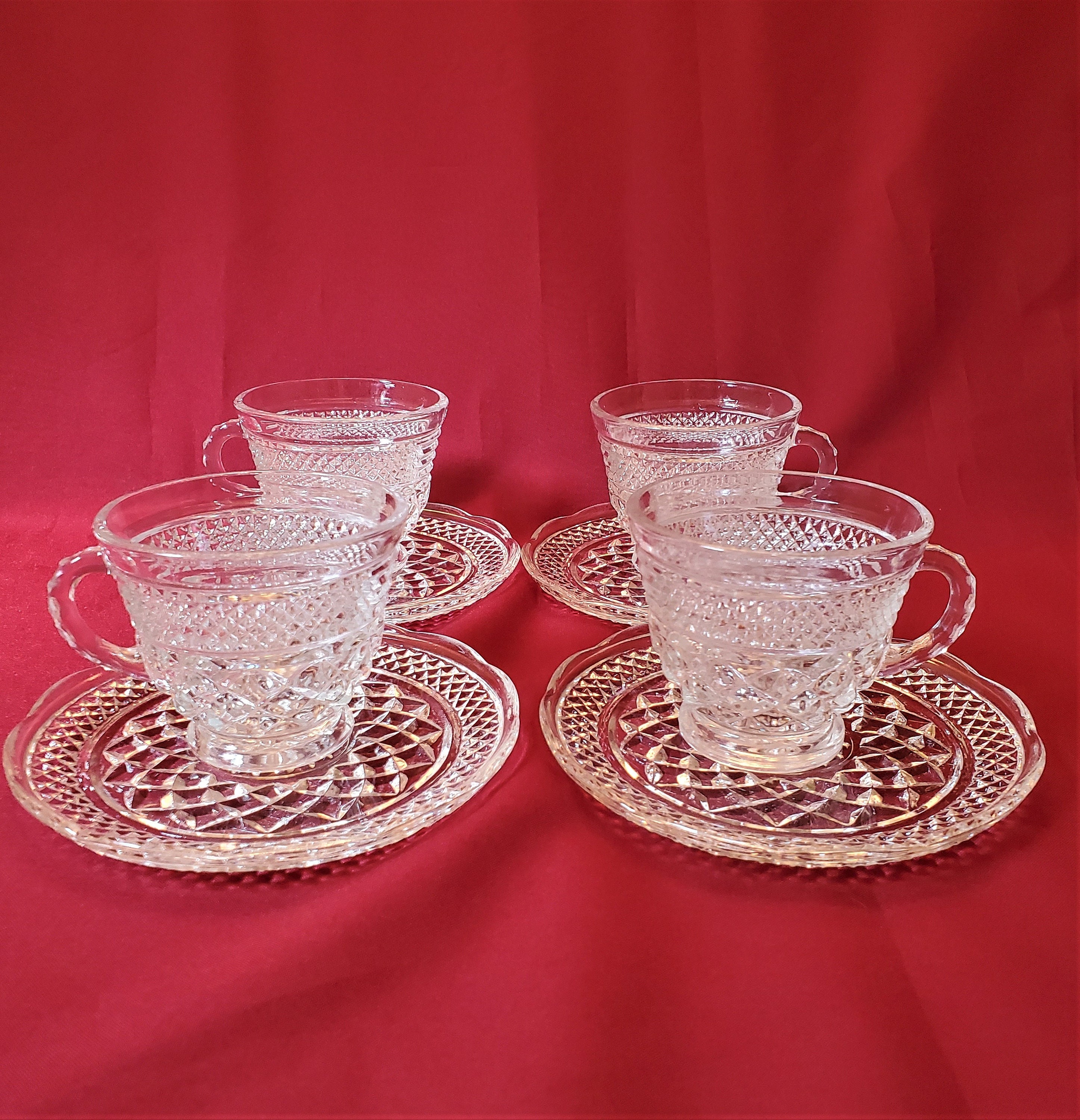 Anchor Hocking Wexford Clear Crystal Cup and Saucer Set-8 Pieces