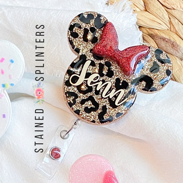 Leopard Print Mouse Badge Reel | Personalized Badge Reel | Teacher Gift | Cute RN Badge Reel | RN Key Card | Glitter Badge Pull | Vet Gift |