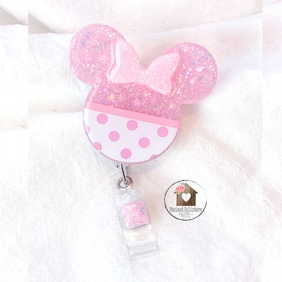 Light Pink Polka Dot Girl Mouse Custom Glitter Badge Reel, Cute Badge Reel,  Badge Reel Nurse, Badge Reel Teacher, Custom Glitter Badge Reel 