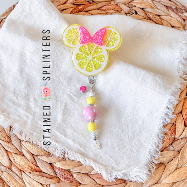 Lemon Citrus Summer Mouse Personalized Badge Reel | Beach Badge Clip | Custom Teacher Gift | RN ID Badge Holder | Cute Glitter Badge Reel