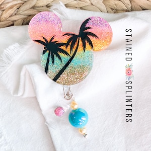 Tropical Sunset Summer Mouse Personalized Badge Reel | Beach Badge Clip | Custom Teacher Gift | RN ID Badge Holder | Cute Glitter Badge Reel