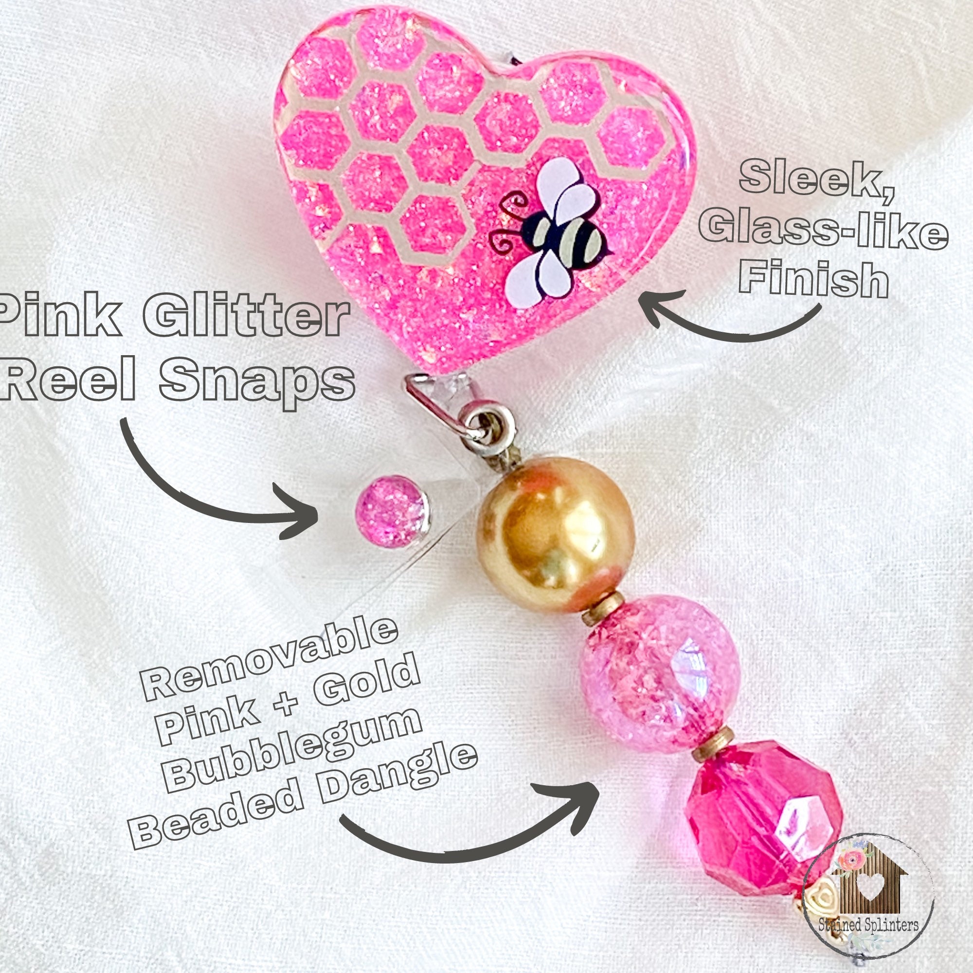 Pink Glitter Heart Bee Badge Holder Spring Badge Clip Gift for RN