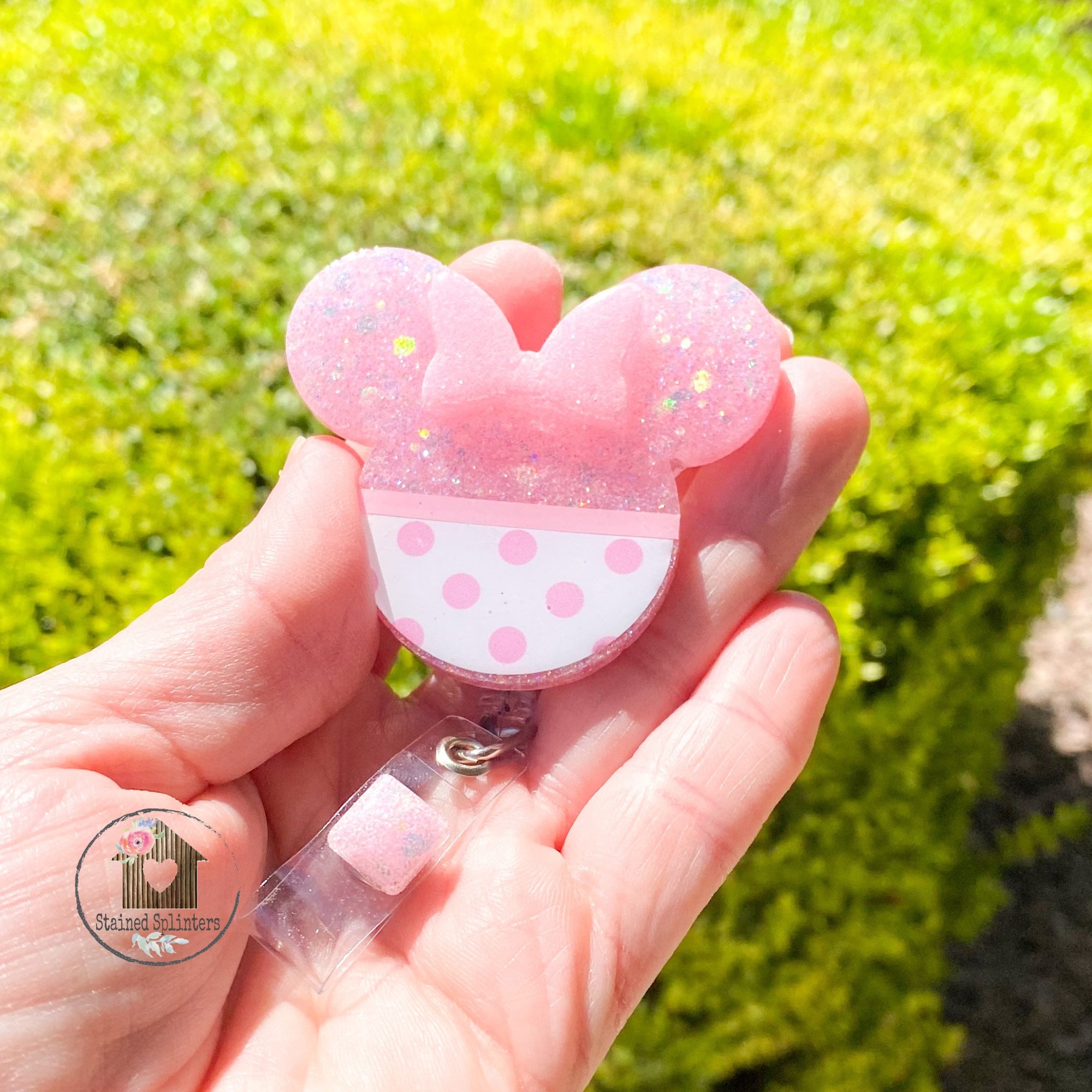 Light Pink Polka Dot Girl Mouse Custom Glitter Badge Reel, Cute