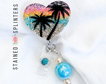 Tropical Beach Sumner Heart  Badge Holder| Beachy Badge Clip | Gift for RN | Summer Badge Reel | Gift for Nurse | Teacher Badge Reel