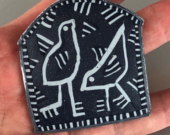 Pair of Birds Pictograph Brooch in Slate and Gray