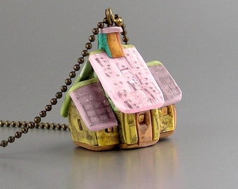 Old Pink and Green Roofed House necklace in polymer clay