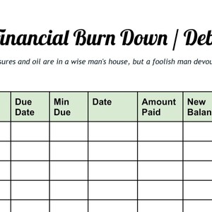 May include: A printable financial burn down or debt snowball chart with columns for amount, due date, minimum due, date, amount paid, and new balance.