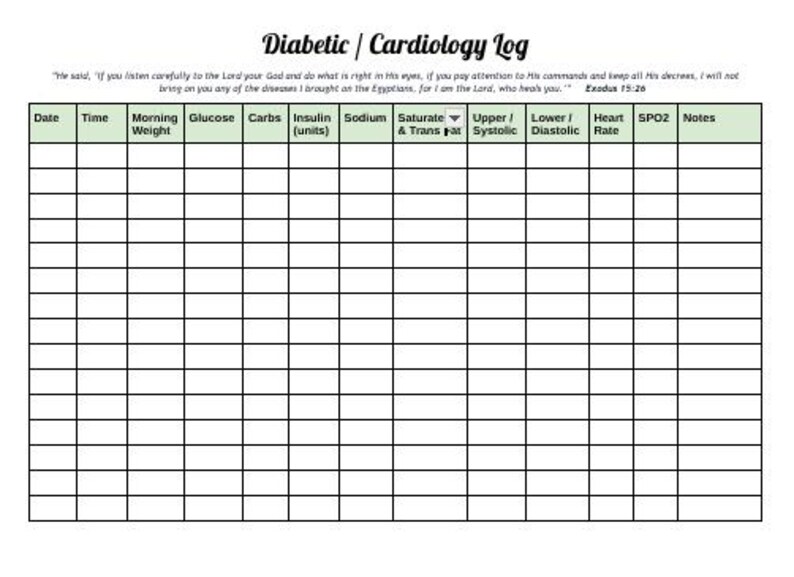Printable Diabetic Cardiology Tracker Including Weight, Glucose, Carbs ...