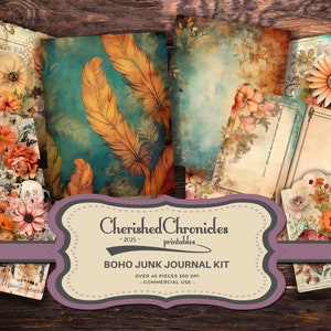 Kit de diario basura boho, páginas boho imprimibles, paquete efímera boho, etiquetas de scrapbooking, tarjetas ATC, descarga instantánea, boho floral