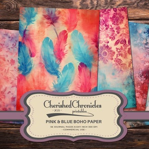 56 roze en blauwe boho-dagboekpapieren, enorme bundel, 8,5 x 11 inch, afdrukbare ongewenste dagboeken, direct downloaden, digitaal ongewenste dagboek