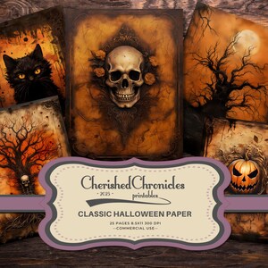 May include: A set of 25 digital papers featuring a Halloween theme. The papers feature images of a black cat, a skull, a bare tree with a full moon, a bare tree with a skull, and a jack-o-lantern. The papers are 8.5x11 inches and 300 DPI.  Commercial use is allowed.