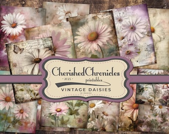 May include: A collage of 12 vintage-style printable pages featuring delicate white and pink daisies with a distressed background. The pages are titled "Vintage Daisies" and are from "Cherished Chronicles - 2023 - Printables".