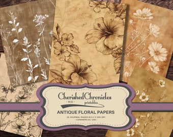 May include: A set of 25 digital printable papers featuring antique floral designs in brown and white. The papers are 8.5 inches by 11 inches and 300 DPI. The papers are for commercial use.
