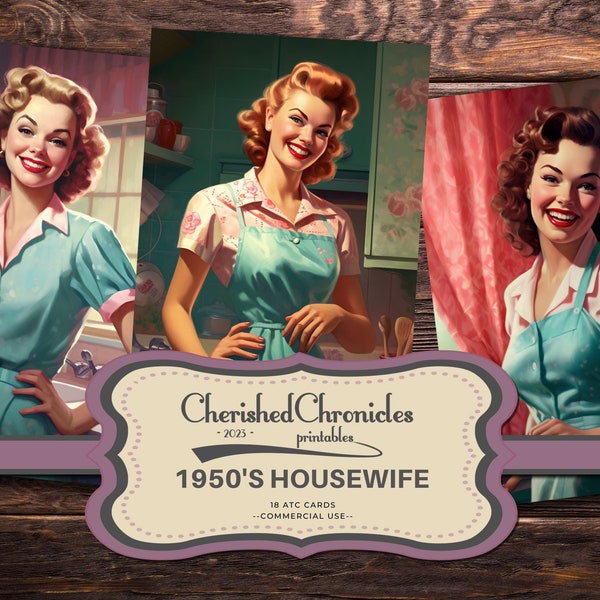 1950's Housewife ATC Cards, Vintage-Inspired Journal Ephemera, Printable Cards, Retro Housewives, Scrapbooking and Card Making Supplies