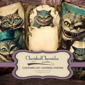 26 Cheshire Cat Journal Papers, Alice in Wonderland Junk Journal, Printable Digital Papers, Scrapbooking Supplies 8.5x11