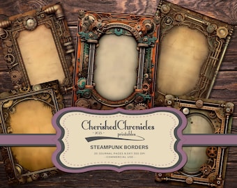 May include: A set of 20 printable steampunk-style journal pages with intricate gear and clockwork designs. Each page is 8.5 inches by 11 inches and 300 DPI.  The pages are for commercial use.