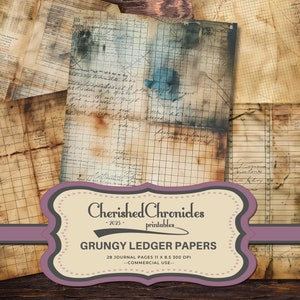 28 pagine del diario Grungy Ledgers, texture di carta vintage, 8,5x11 pollici, stampabile, diario spazzatura, download digitale
