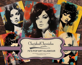 Könnte beinhalten: Eine Sammlung von Pop-Art-Drucken mit stilisierten Porträts von Frauen mit auffälligem Make-up und Frisuren. Die Drucke haben eine Retro-Ästhetik mit leuchtenden Farben und Farbspritzereffekten. Der Text auf den Drucken lautet "70's POP ART GLAMOUR".