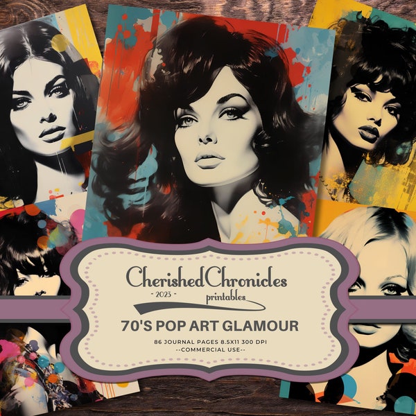 70's Pop Art Glamour Portraits, 86 Journal Papers, 8.5x11 inch, Printable, Massive Bundle, Digital Download, Scrapbooking, Junk Journal