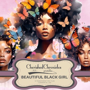 13 ブラック ガール PNG、蝶の黒人女性、ブラック ガール マジック、花、花柄、デジタル ダウンロード、Png バンドル