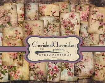 Pagine di junk journal con fiori di ciliegio Sakura: materiale effimero floreale giapponese